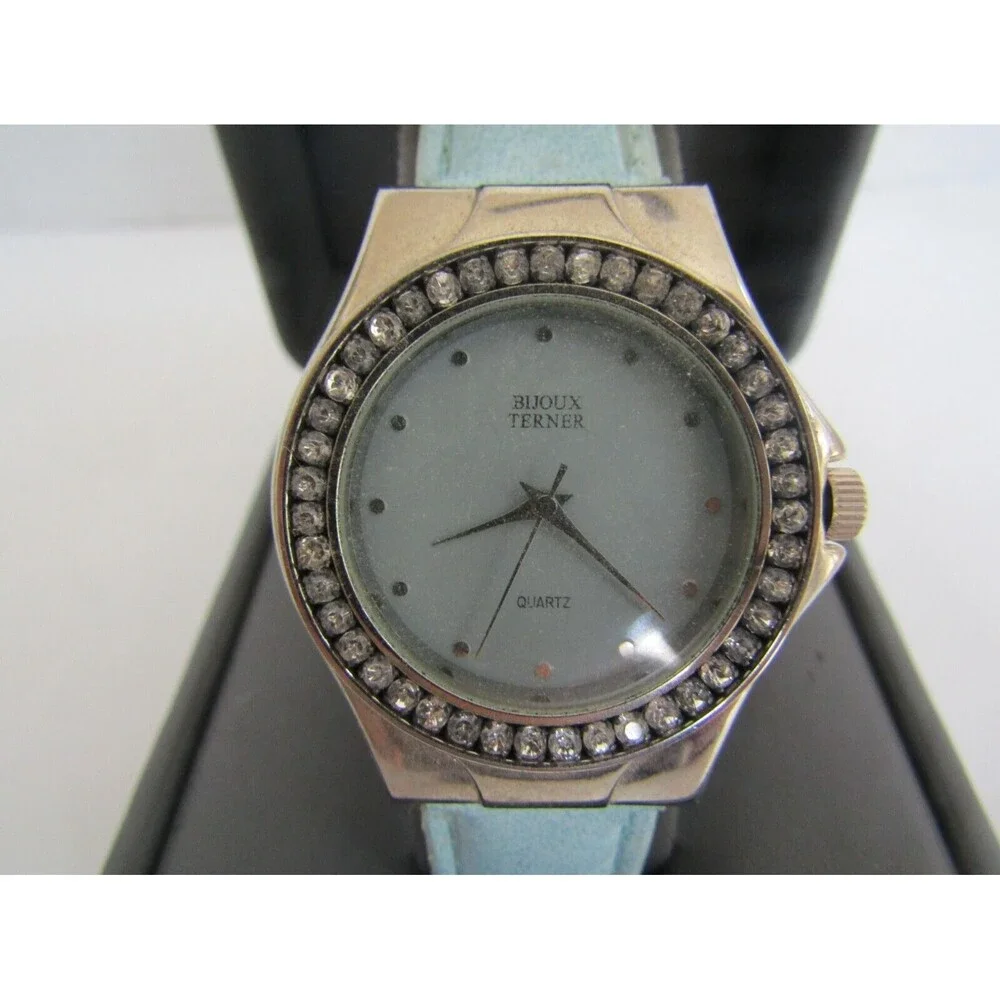 Bijoux Terner Watch Vintage Blue Leather Band Quartz Japan Movement Stainless